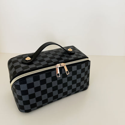 Black checkered toiletry case front view