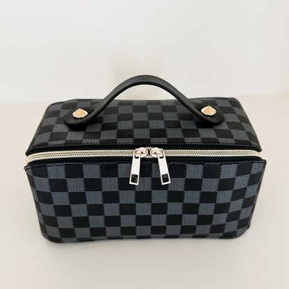 Black checkered toiletry case front view