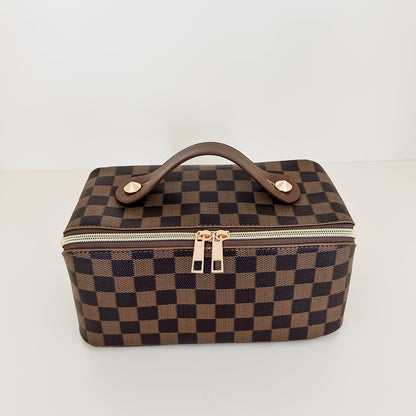 Brown checkered toiletry case front view