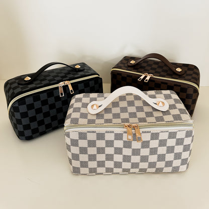 Checkered pattern zippered toiletry cases in brown, white and black