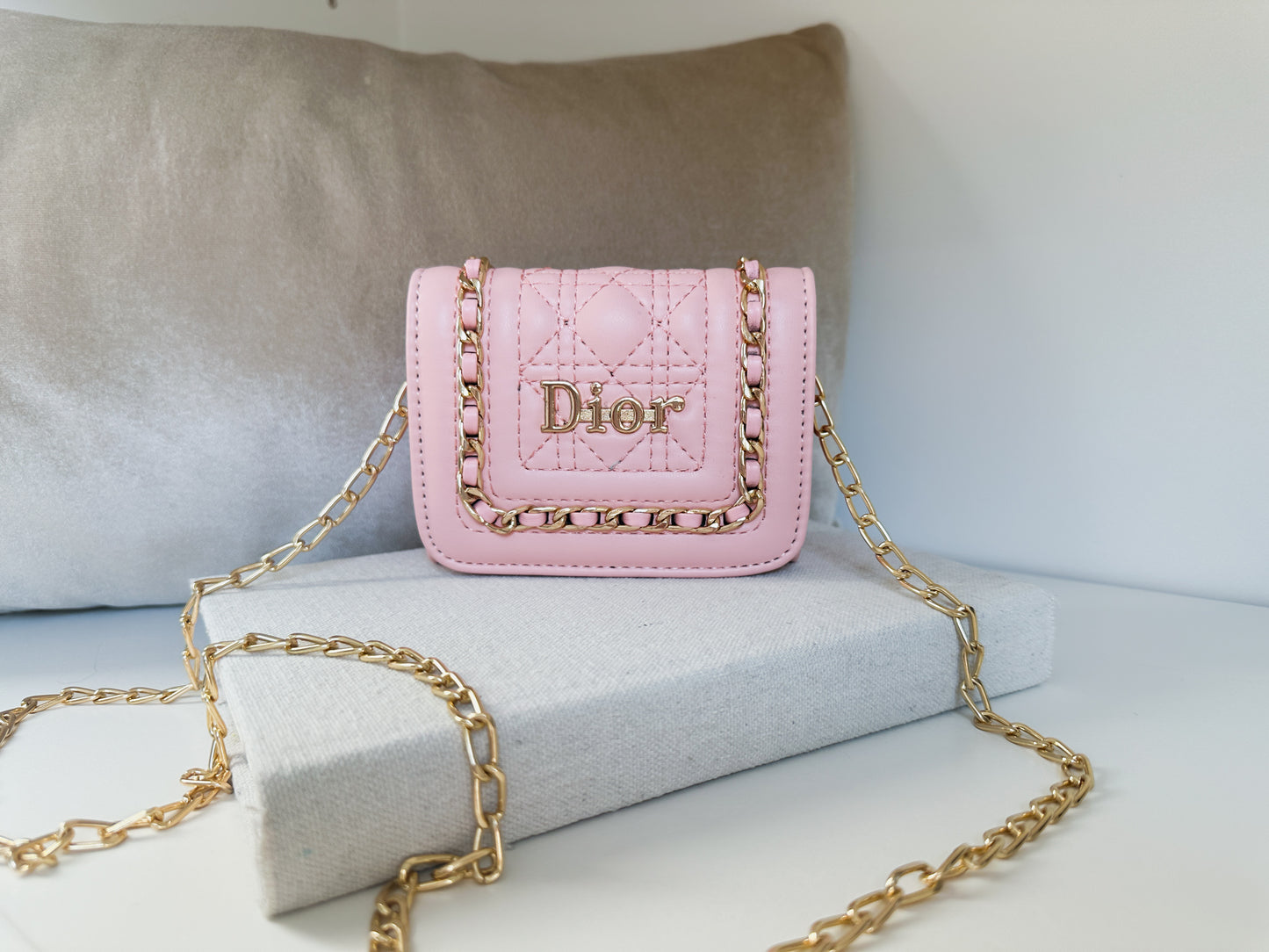 Mini quilted luxury pink shoulder bag with gold logo details | the berlin by little luxe