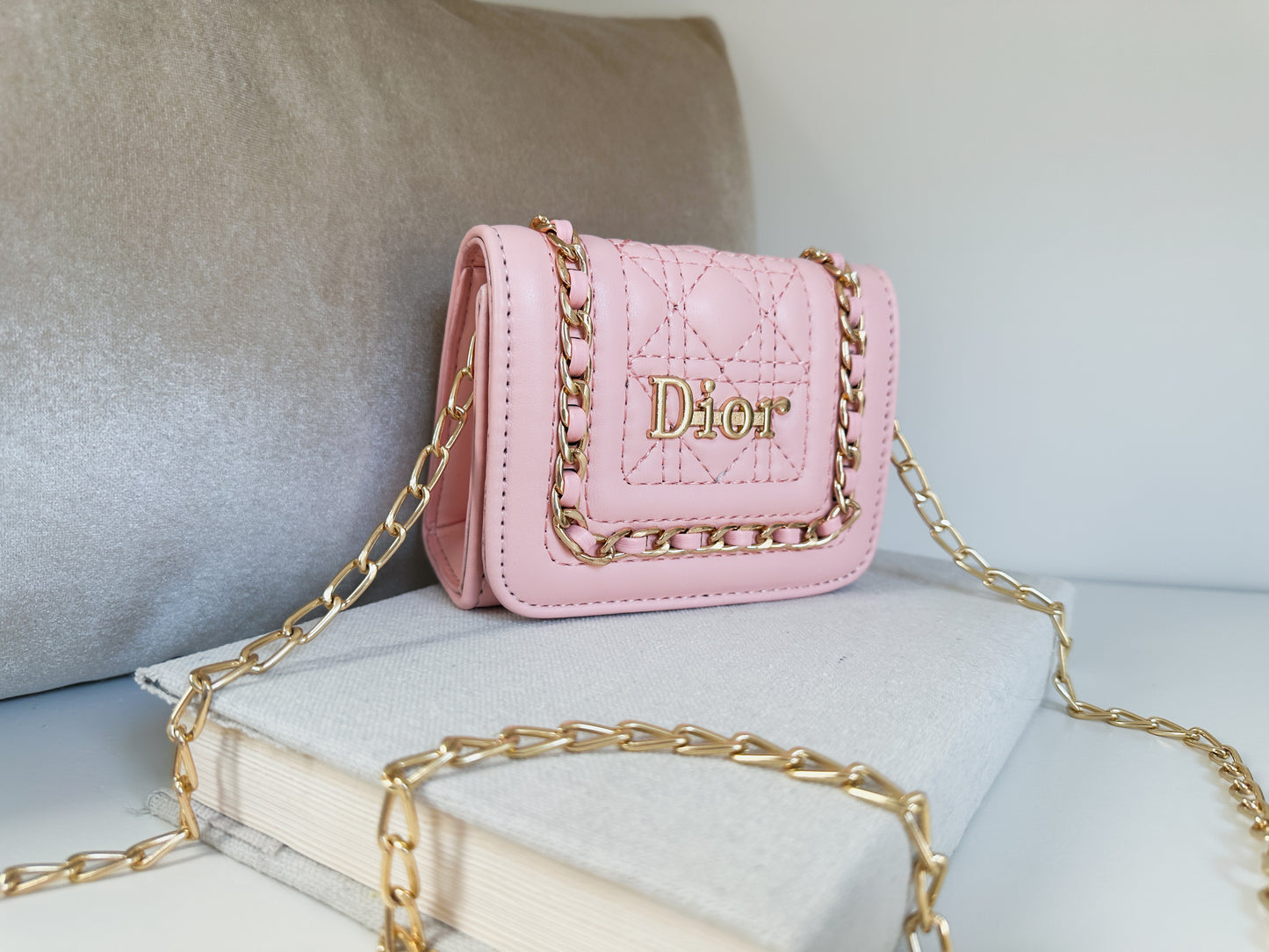 Mini quilted luxury pink shoulder bag with gold logo details | the berlin by little luxe