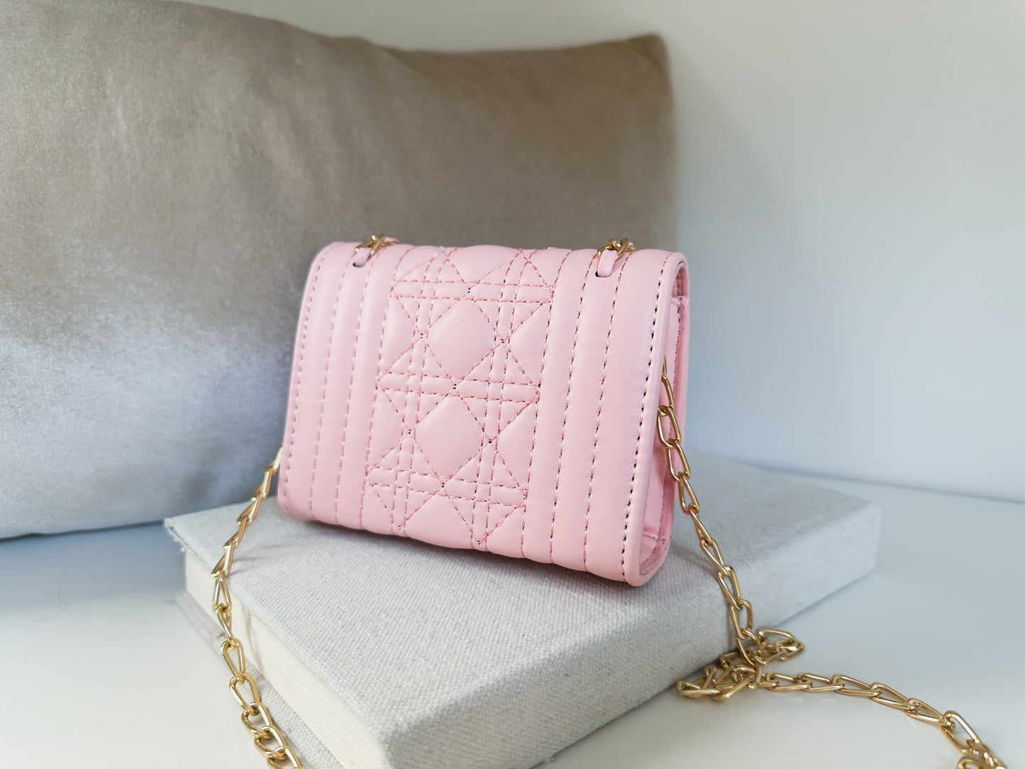 Mini quilted luxury pink shoulder bag back view | the berlin by little luxe